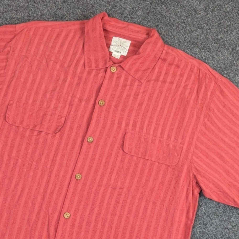 Tommy Bahama Relax Mens Medium Silk Button Front Shirt Coral Salmon Pink Striped